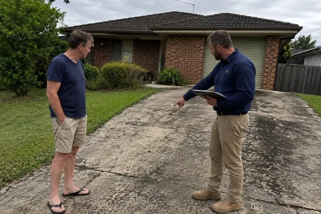 homeowner and concreter discussing old driveway